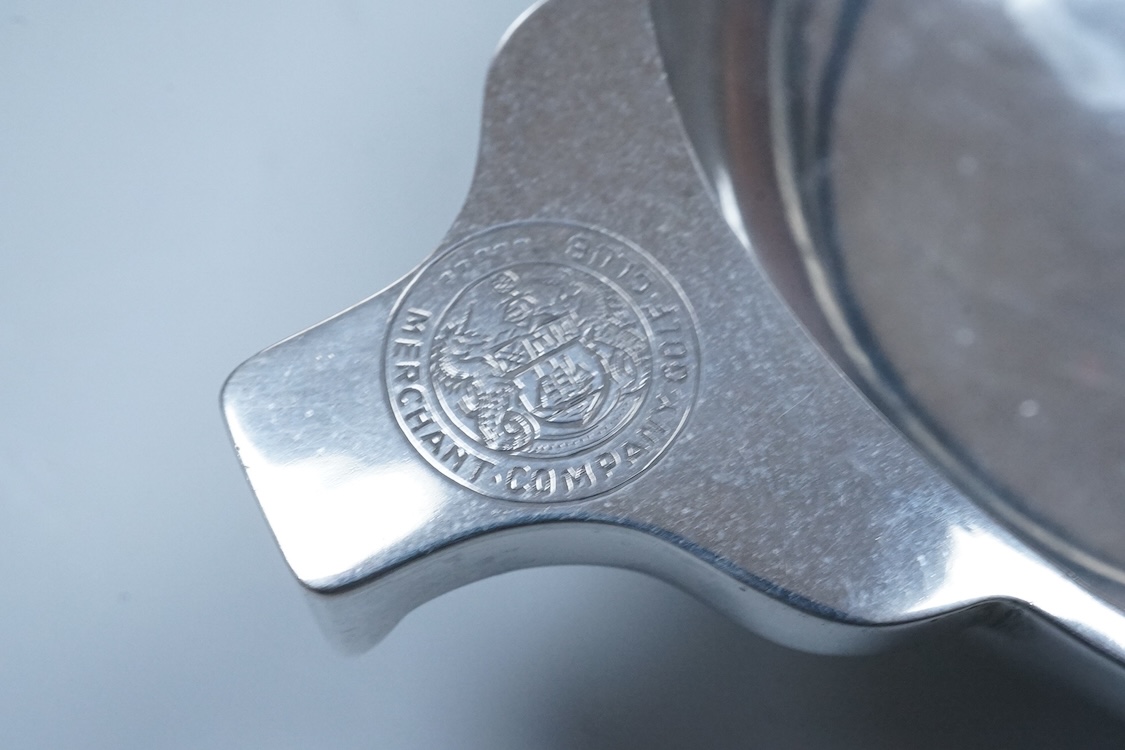 A George V Scottish silver quaich, by Wilson & Sharp, Edinburgh, 1924, 14.4cm over handles, engraved 'Merchant Golf Club, Luffness, 1936', 3.5oz.